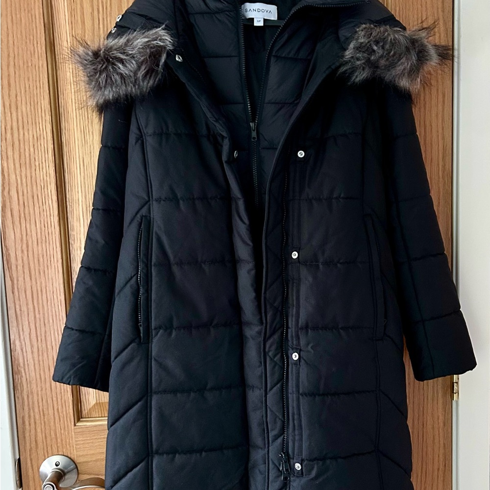 Black Quilted Hooded Puffer Coat with Faux Fur Trim